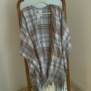 Three Dots Women's Fringe Detail Cashmere Blend Wrap (Grey Lousia Plaid)
